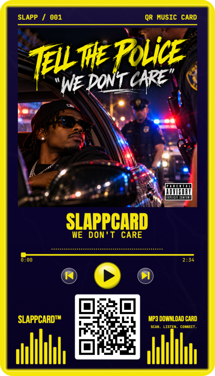 SLAPPCARD: WE DON'T CARE, front of a Slappcard